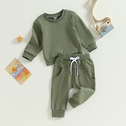 Toddler Baby Boys Fall Outfits Long Sleeve Pull On Sweatshirt Elastic Waist Pants 2Pcs Solid Clothes Set (Green,0-6 Months)