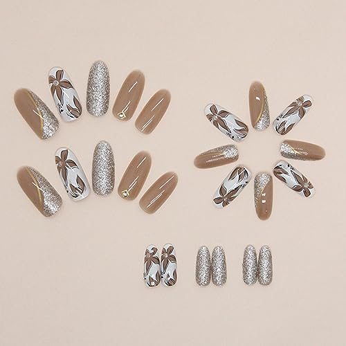 Almond Press on Nails, Brown Fake Nails Medium Length False Nails Fall Winter Acrylic Nails Rhinestone Flower Artificial Nails with Glitter Designs Full Cover Glossy Stick on Nails for Women Girls