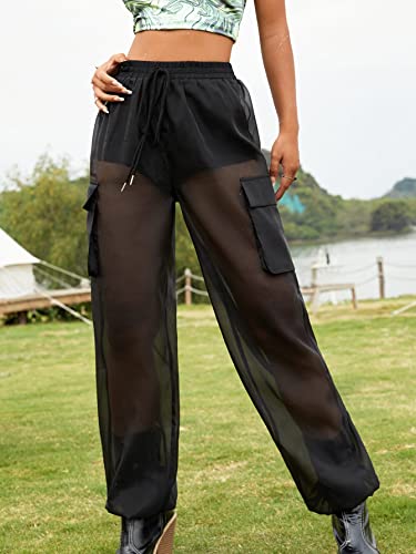 WDIRARA Women's Sheer Cargo Mesh Pants High Waisted See Through Rave Pants with Pockets Black M