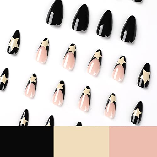 Medium Length Press on Nails Almond French Fake Nails Glossy Full Cover Glue on Nails Acrylic Star Design False Nails for Women＆Girl 24Pcs