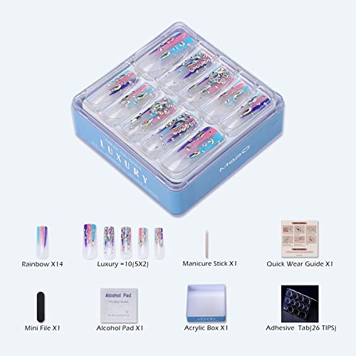 MqpQ Luxury Rainbow Press On Nails With Rhinestones Extra Long Square Fake Nails 24pc Glossy Full Cover False Nails For Women And Girls