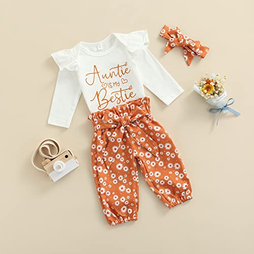 Newborn Infant Baby Girls Clothes Set Auntie Saying Letter Rompers Floral Daisy Pants Headband (White Bestie, 3-6 Months)