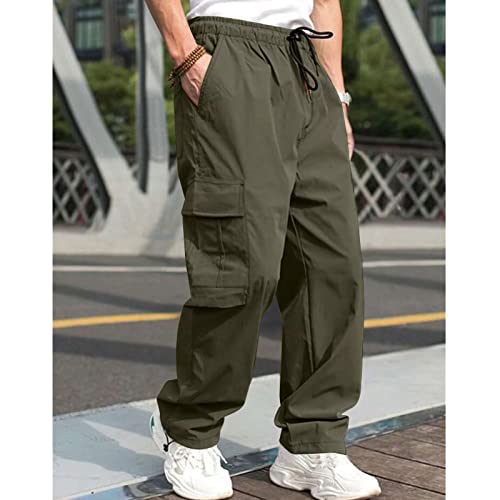 Lexiart Men's Hiking Cargo Pants Drawstring Joggers Sweatpants Work Sports Loose Fit Hiking Trousers with Pockets Green