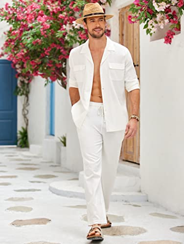 COOFANDY Men's White Linen Suit 2 Piece Outfits Long Sleeve Button Down Shirt and Casual Beach Pants With Pockets