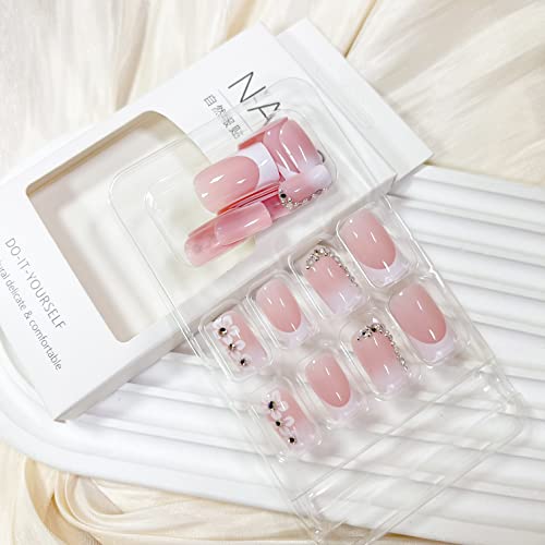 Medium Square Press on Nails French Tip Fake Nails Pink Full Cover False Nails with Flower and Rhinestones Designs Spring Glue on Nails Glossy Stick on Nails for Women and Girls 24Pcs