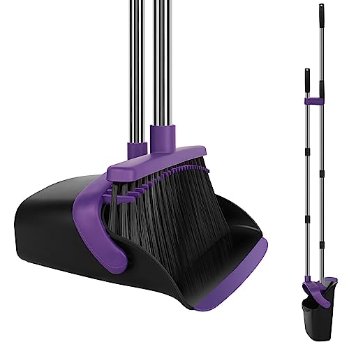 Extra-Large Upright Broom and Dustpan Set, 55-inch Long Handle Self Cleaning Pueple Broom and Dustpan Set for Home Kitchen Office Floor