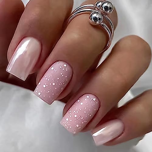 24 Pcs Medium Press on Nails Square Fake Nails Matte Pearlescent Pink False Nails with Sequin Designs Summer Acrylic Nails for Women Nails Decoration