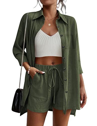 Beyove Summer Women's Casual Two Pieces Tracksuit 3/4 Sleeve Button-Down High Low Shirt High Waisted Shorts Set, Army Green L