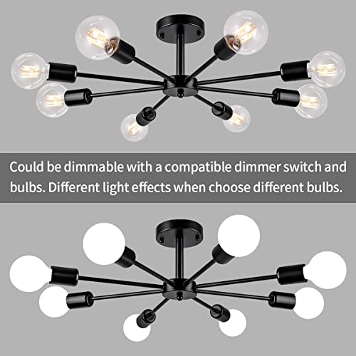 ZSMIHDOH Semi Flush Mount Ceiling Light, 8-Lights Modern Chandelier Living Room Light, Black Sputnik Light Chandelier for Bedroom Kitchen Study Office, E26 Base