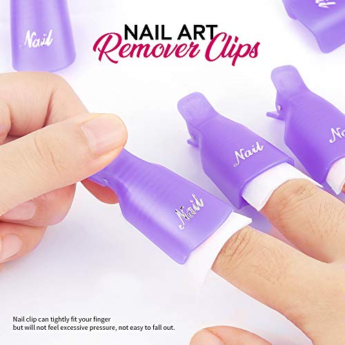 FANDAMEI Nail Polish Gel Remover Tools Kit, 10 Pcs Purple Nail Clips, 100ml Nail Polish Remover Bottle, 500 Pcs Remover Cotton Pad, Nail Brush, Cuticle Pusher, Cuticle Peeler, Nail File, Buffer Block