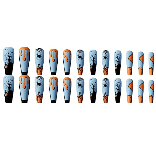 diduikalor Halloween Extra Long Press on Nails Coffin Glue on Nails Nude Blue Fake Nails Spider Web Pumpkin Scary Ghost Haunted House Designs Stick on Nails Acrylic False Nails for Women 24Pcs