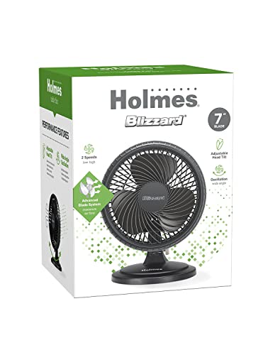 HOLMES BLIZZARD 7" Table Fan, 2 Speeds, 3 Blades, 85° Oscillation, 20° Adjustable Head, Home, Bedroom and Office, Charcoal Matte