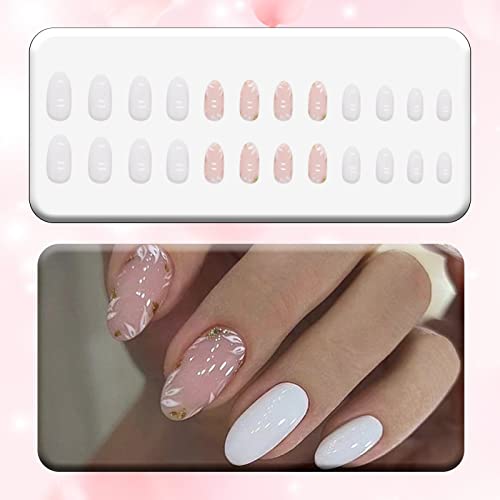 Press on Nails Medium White Full Cover Design Almond Nails Glossy Acrylic Nails Reusable Fake Nails Cute Flowers Stick on Nails for Women