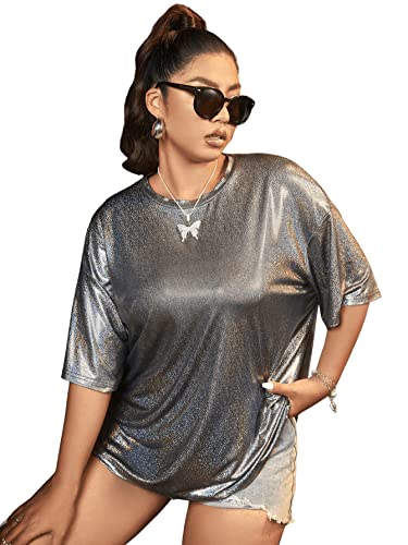 Verdusa Women's Plus Size Metallic T Shirt Drop Shoulder Oversized Tee Top Grey 0XL