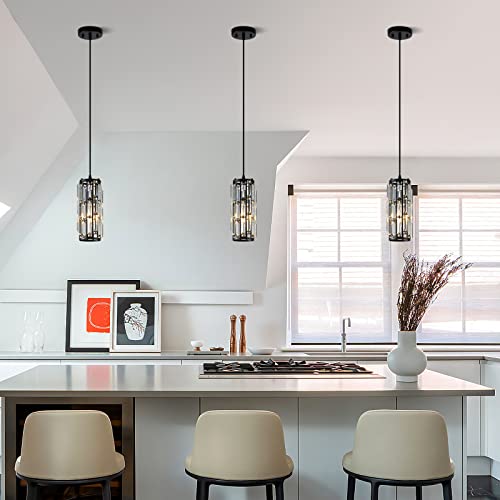 XLHYTF Pendant Lights Kitchen Island 1 Light, Modern Black Pendant Light Fixtures, Mini Crystal Chandelier, Adjustable Hanging Lights Fixture for Dinning Room Over Table Bedroom (Black Pack of 2)