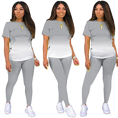 AOMONI Two Piece Outfits for Women Summer Bodycon Biker Pants Sets Casual Short Sleeve Top Tracksuit Plus Size Outfits Grey Medium