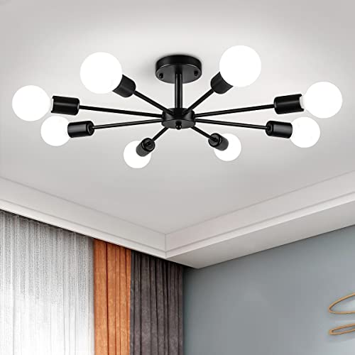 ZSMIHDOH Semi Flush Mount Ceiling Light, 8-Lights Modern Chandelier Living Room Light, Black Sputnik Light Chandelier for Bedroom Kitchen Study Office, E26 Base