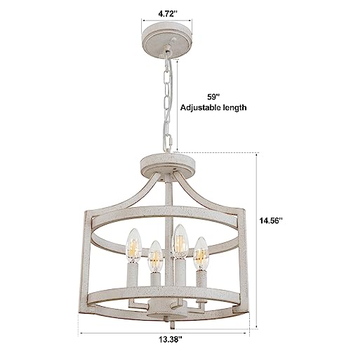 WBinDX 4-Light Farmhouse Chandelier, Rustic Hanging Pendant Lighting Convertible Semi Flush Mount Ceiling Light Fixture Distressed White Metal Cage Chandeliers for Kitchen Island Foyer Entryway