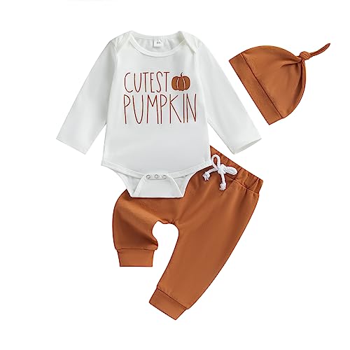 Lucikamy Newborn Baby Boy Halloween Outfit Pumpkin Print Long Sleeve Romper Onesie + Pants Hat Infant Halloween Clothes Set (White + Brown, 0-3 Months)