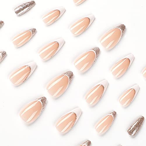 Press on Nails Medium Almond White French Tip Almond Fake Nails Nude Full Cover False Nails with Glod Glitter Designs Glossy Glue on Nails Artificial Acrylic Nails for Women Girls 24 Pcs