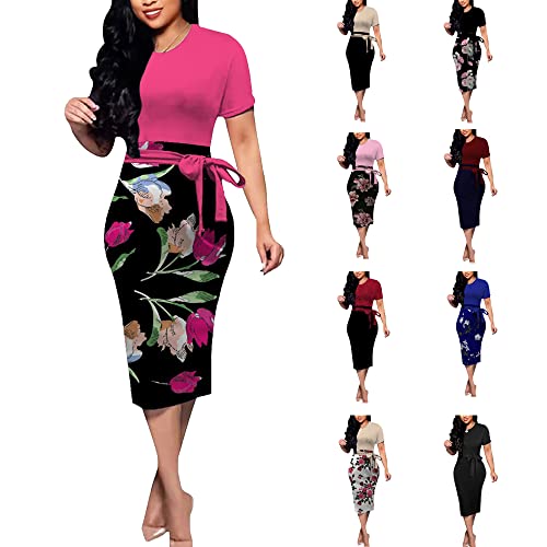 BOGURST Women Church Dress Formal Print Pencil Dress Short Sleeves with Blet Green L