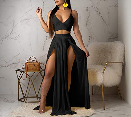 Women Sexy 2 Piece Outfits Dress Chiffon Strap Deep V Neck Bra Crop Top High Split Maxi Dresses Skirt Set Black XL