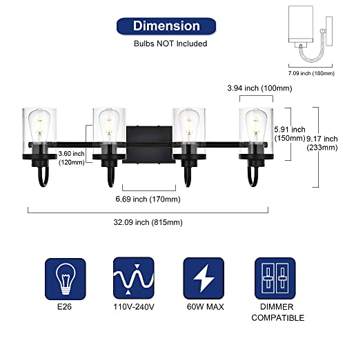 TODOLUZ Bathroom Vanity Light Fixtures with 4-Lights Clear Glass Shades, Black Vanity Lighting Over Mirror for Kitchen Bedroom