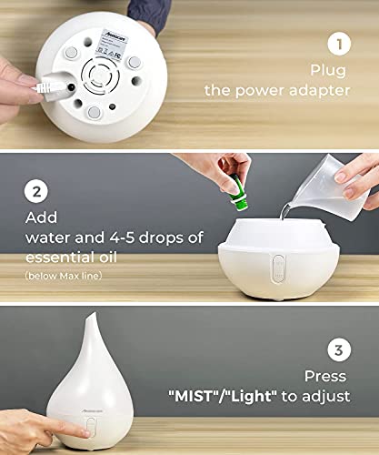 Aromacare, Aromatherapy Aroma Diffuser for Essential Oils, Cool Mist Humidifier for Home Bedroom, One Fill for 10Hours with Night Light 2 Mist Mode Waterless Auto-Off