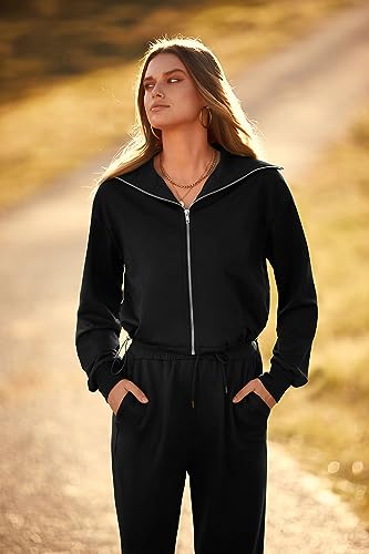 PRETTYGARDEN Women's 2 Piece Tracksuit Outfits Long Sleeve Zip Up Sweatshirt Drawstring Sweatpants Lounge Set (Black,Medium)