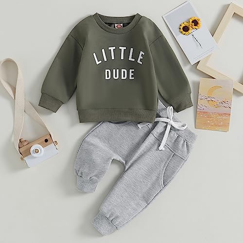 Baby Toddler Boys Fall Winter Outfits Little Dude Letter Printed Long Sleeve Sweatshirts Pants 2Pcs Clothes Set (Army Green, 0-6 Months)