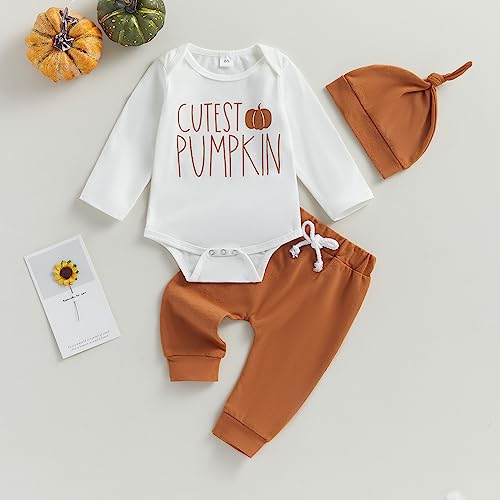 YINGISFITM Newborn Baby Boy Halloween Outfit Cutest Pumpkin Print Sweatshirt Romper + Jogger Pants + Hat Fall Clothes Set (Cutest Pumpkin White, 0-3 Months)