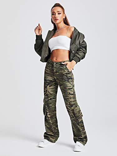 WDIRARA Women's Camo Print Cargo Baggy Jeans High Waist Wide Leg Denim Army Pants Army Green Camouflage S