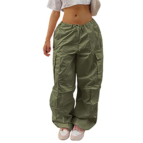 Viatabuna Parachute Women's Oversized Cargo Pants Drawstring High Rise Baggy Joggers Sweatpants Plus Size Y2K Wide Leg Pants Green