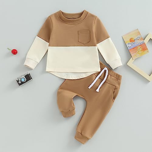 Toddler Baby Boy Outfits Long Sleeve Contrast Color Sweatshirt Solid Pants Autumn Winter Clothes Set (Brown & Beige,18-24 Months)