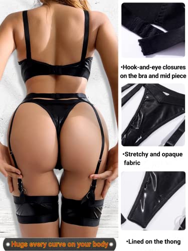 Kaei&Shi Garter Belt Thong Lingerie for Women,Strappy Hollow Out Sexy Lingerie,Underwire Mesh Sheer Matching 4 Piece Lingerie Set Boudoir Black Leather Medium