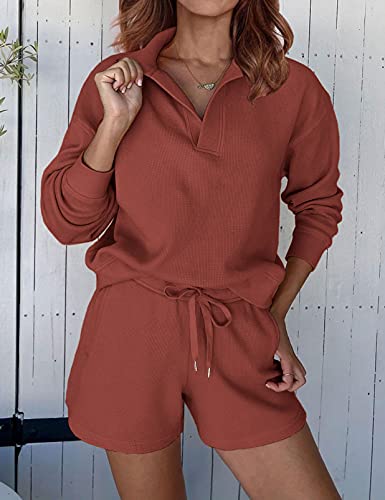 MEROKEETY Women's 2 Piece Waffle Knit Lounge Sets Long Sleeve Shorts Jogger Outfits Pjs Brickred