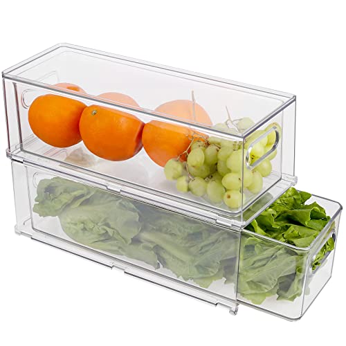 Abiudeng 2 Pack Stackable Refrigerator Organizer Bins with Pull-out Drawer, Drawable Clear Fridge Drawer Organizer with Handle, Plastic Kitchen Pantry Storage Containers
