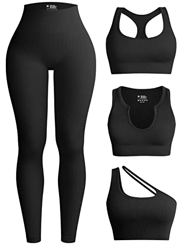 OQQ Women's 4 Piece Workout Ribbed Yoga High Waist Legging 3 Crop Sports Exercise Set Bra Outfit, Black1, Small