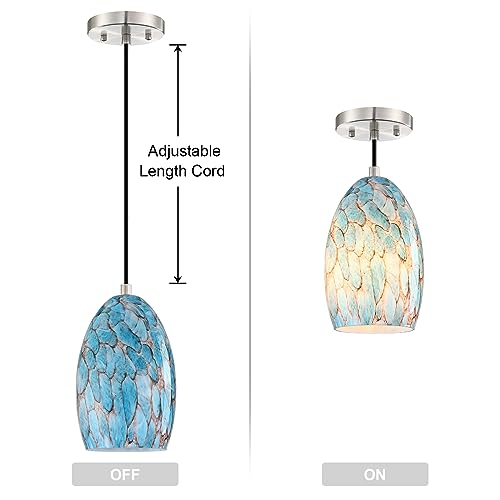 1 Light Hanging Indoor Kitchen Island Pendant Lights 5.3" Handmade Blue Speckled Glass Pendant Ceiling Light Fixtures Brushed Nickel Finish Modern Farmhouse Dinning Over Sink