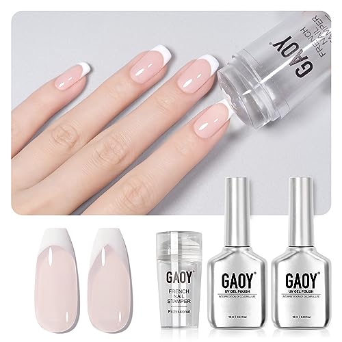 GAOY French Manicure Kit, Nail Stamper and 2Pcs Gel Nail Polish, Include Nude Jelly Milky Pink White Colors for French Tip, UV Light Cure