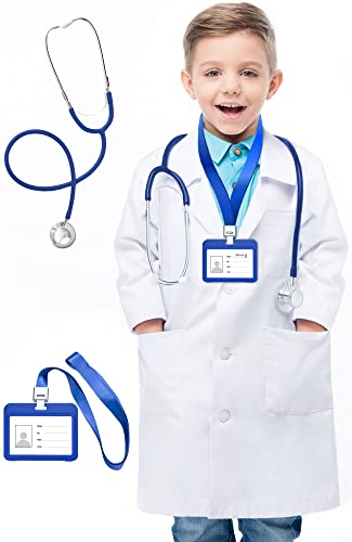 HTVYYDS White Lab Coat for Kids, Doctor Coat with Working Stethoscope&ID Card,Doctor Scientist Dress Up Costume for Boy Girls