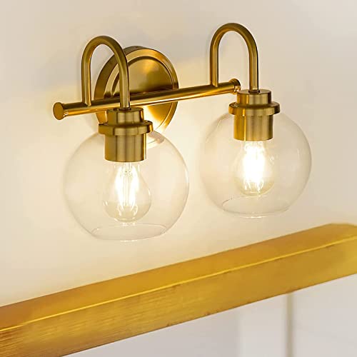 OUVR Gold Bathroom Light Fixtures 2 Light Vanity Lights Over Mirror with Clear Glass Lamps Shades Bathroom Lighting for Mirror Kitchen Bedroom Hallway Living Room (Without Bulbs)