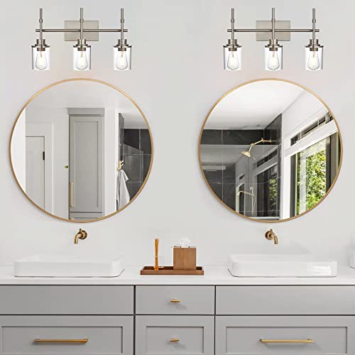 MELUCEE Bathroom Light Fixtures Over Mirror 3 Lights, Modern Vanity Lighting Brushed Nickel Finish, Indoor Wall Mount Lamp with Clear Glass Shade for Living Room Dining Room Kitchen