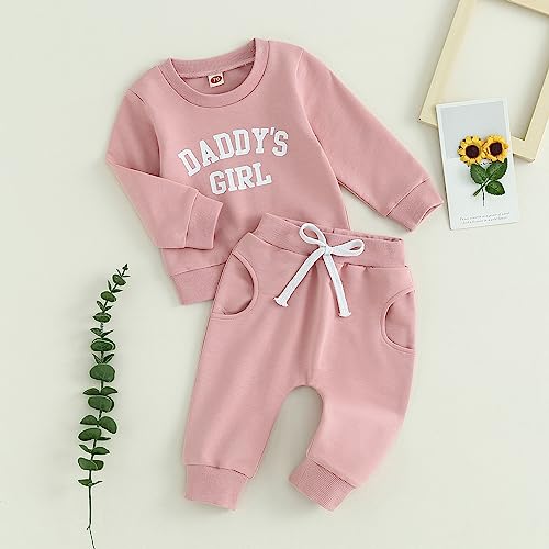 CREAIRY Newborn Baby Girl Outfits Daddy’s Girl Sweatshirt Long Sleeve T-Shirt Tops Pants Set Sweatsuit Toddler Fall Clothes (Pink, 12-18 Months)