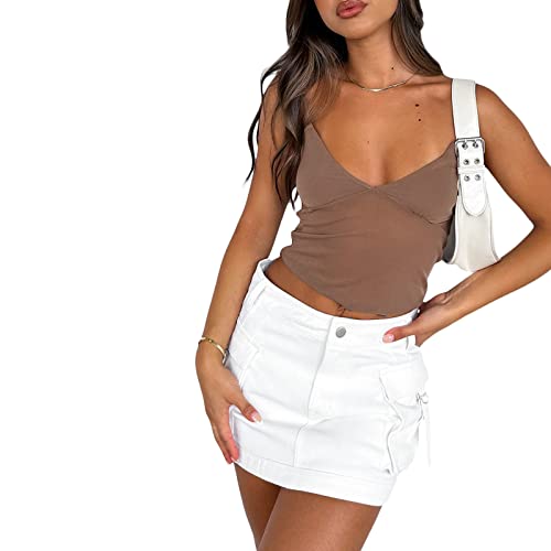 Women Y2K Cami Tank Top Spaghetti Strap V Neck Camisoles Summer Cute Sleeveless Crop Top Streetwear(J-Brown mesh top,S)