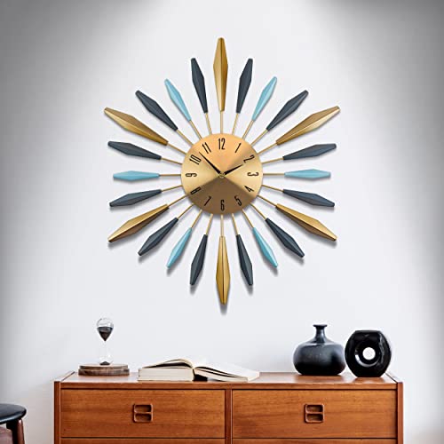 EtherHome Large Mid Century Wall Clock, Modern Decor, Non-Ticking Silent Clock - 27.6 Inch Sturdy Metal Assembly Instruction Manual Included, Gold