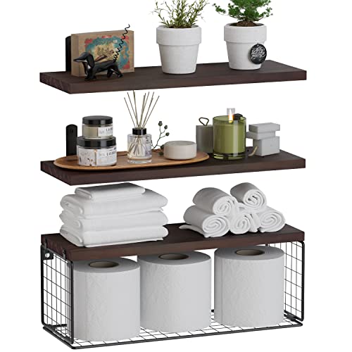 WOPITUES Bathroom Shelves Over Toilet, Floating Bathroom Shelves Wall Mounted with Wire Basket, Wood Floating Shelf for Wall Décor, Bathroom Wall Décor Shelves, Wall Shelves for Bathroom–Rustic Brown