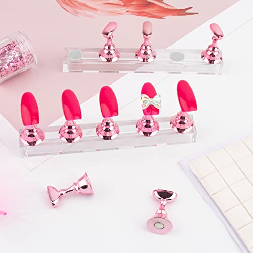 Nail Stand Acrylic Nail Art Display Stand Magnetic Nail Tips Practice Holder 54 Pcs Reusable Adhesive Putty for DIY Painting Nails Stand kit (Pink)