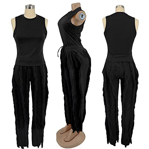 EDITCOZY Women Sleeveless 2 Piece Outfits Cropped Tank Tops High Waisted Long Fringe Pants Bodycon Club Jumpsuits Black XL