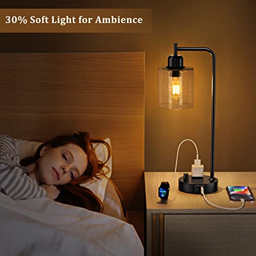 Industrial Bedside Table Lamp for Bedroom - Nightstand Lamps with USB C Charging Port, Fully Dimmable Black Lamps with USB Ports and Outlets, Small Desk Lamp with Glass Shade for Office Living Room